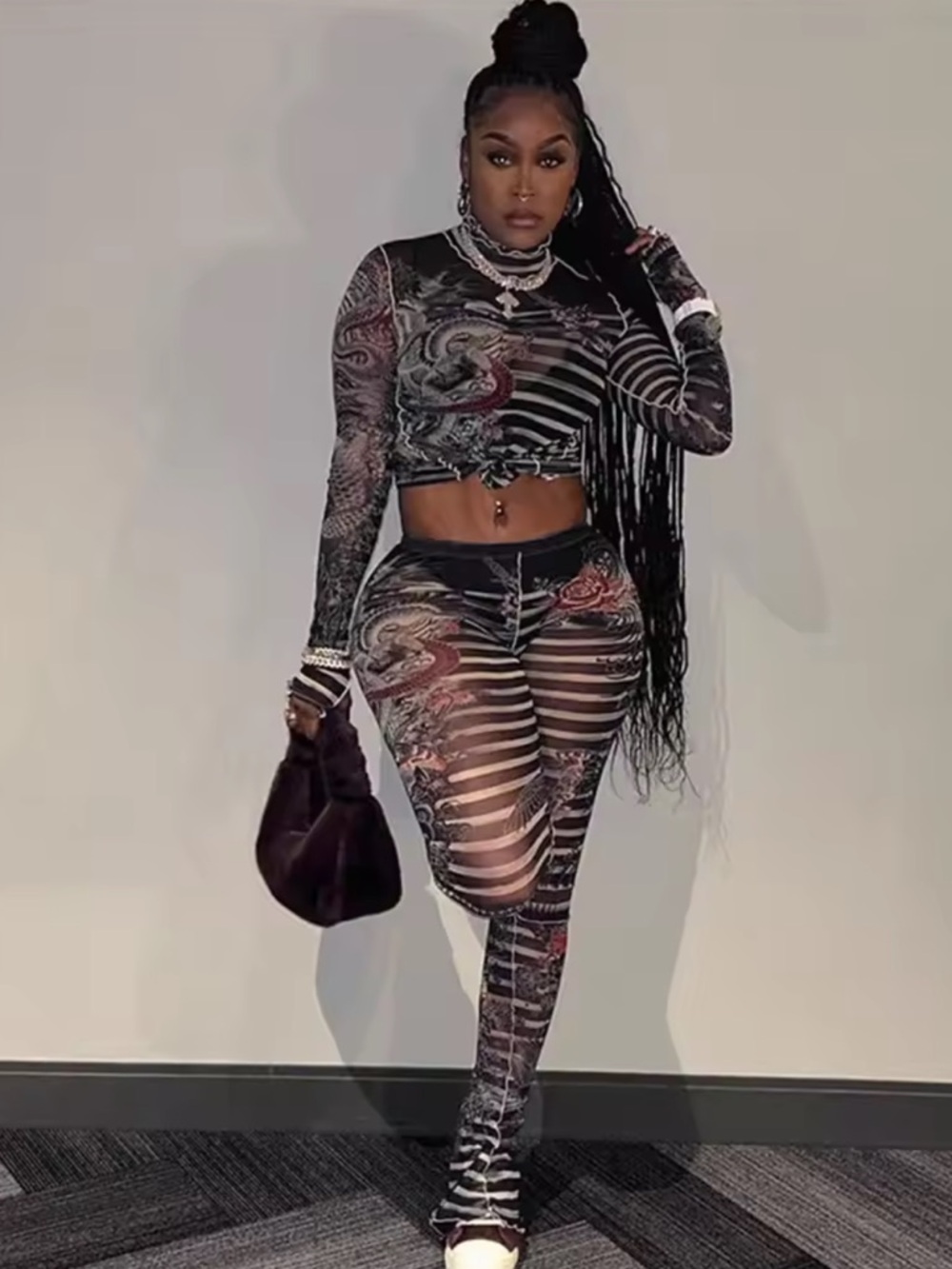 Fashion Nova Black Patterned Sheer Cutout Maxi Skirt
